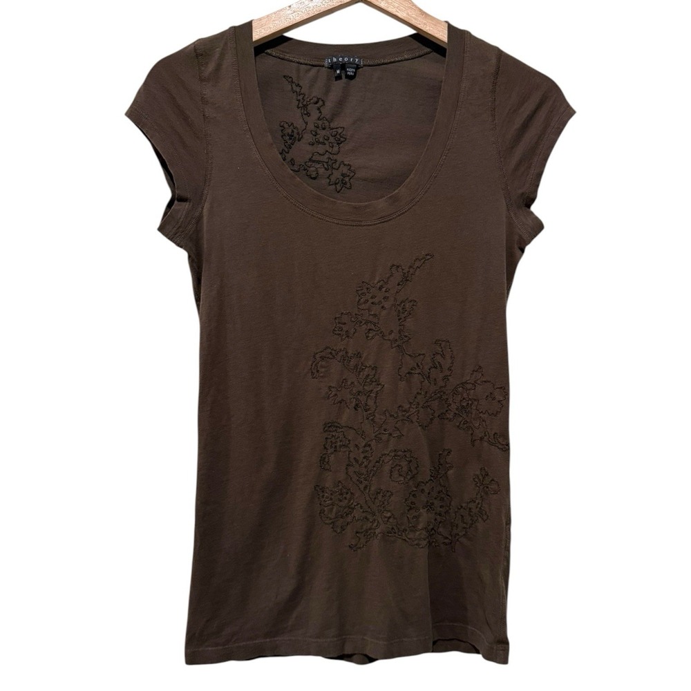 Theory Women Y2K Baby Tee Sz M Scoop Neck Embroidered Brown Grunge Short Sleeve